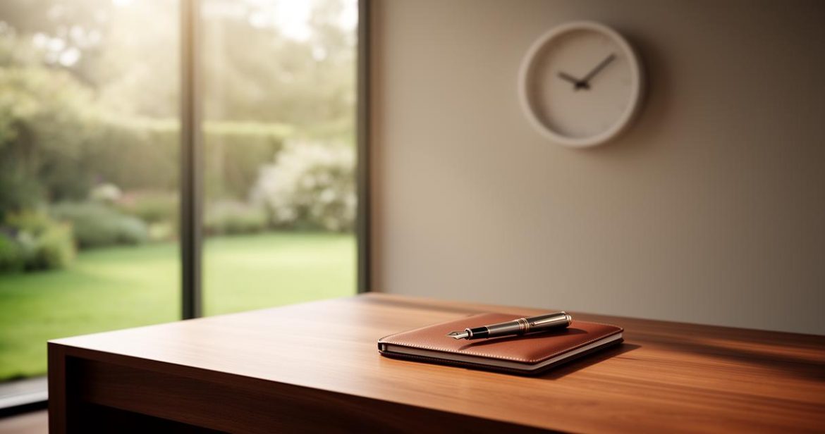 Un stylo-plume posé sur un carnet en cuir marron, sur un bureau en bois donnant sur un jardin, avec une horloge au mur. Cette image illustre la réflexion sur la planification financière et pose la question : Quelle durée choisir pour un regroupement de crédit efficace ?