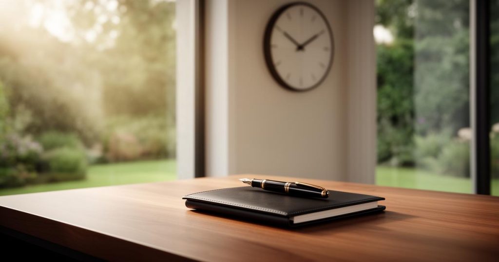 Un stylo plume posé sur un carnet en cuir noir sur un bureau en bois, évoquant la réflexion sur la durée de remboursement du crédit dans un bureau clair.